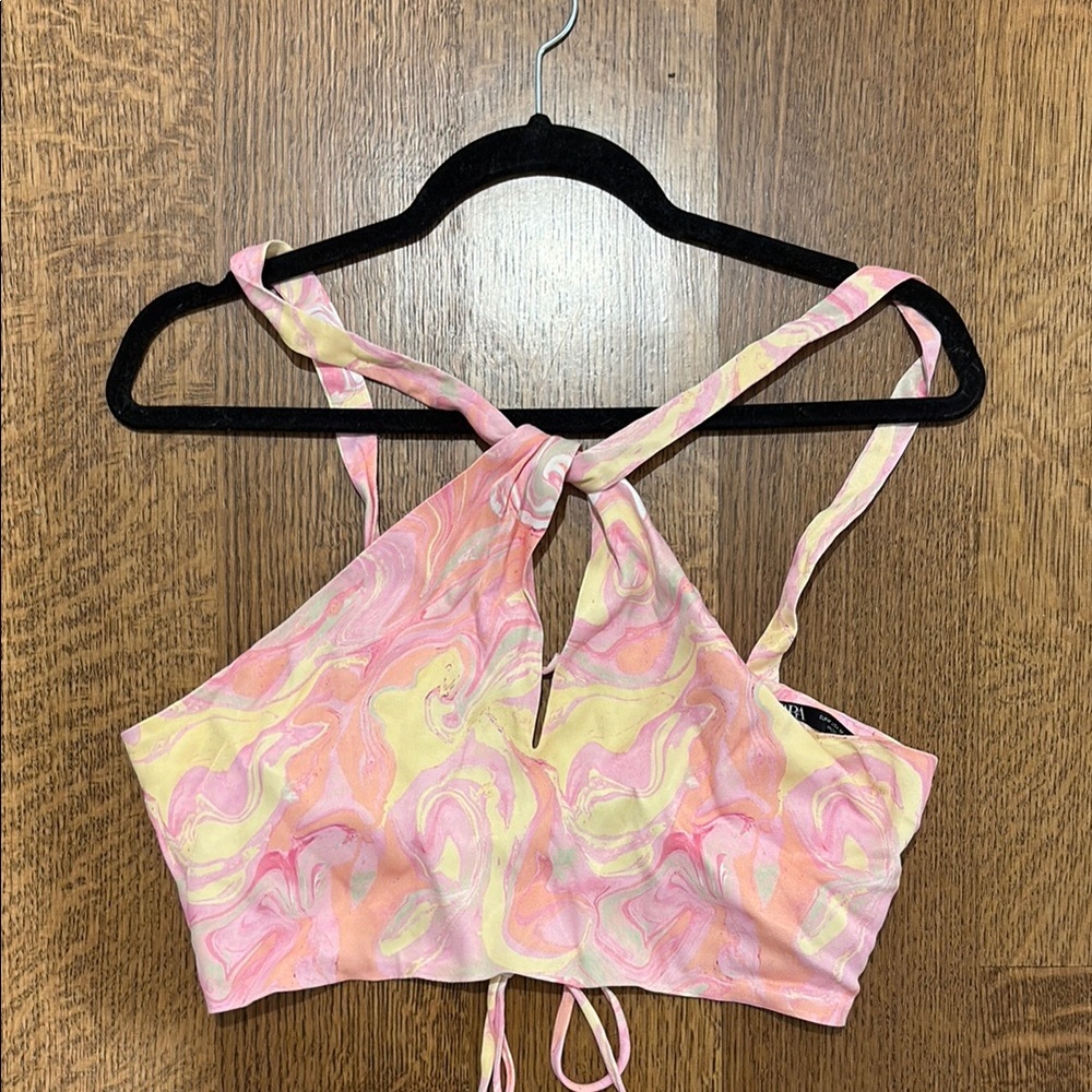 Zara Pink and Yellow Swirl Halter Crop going out Top